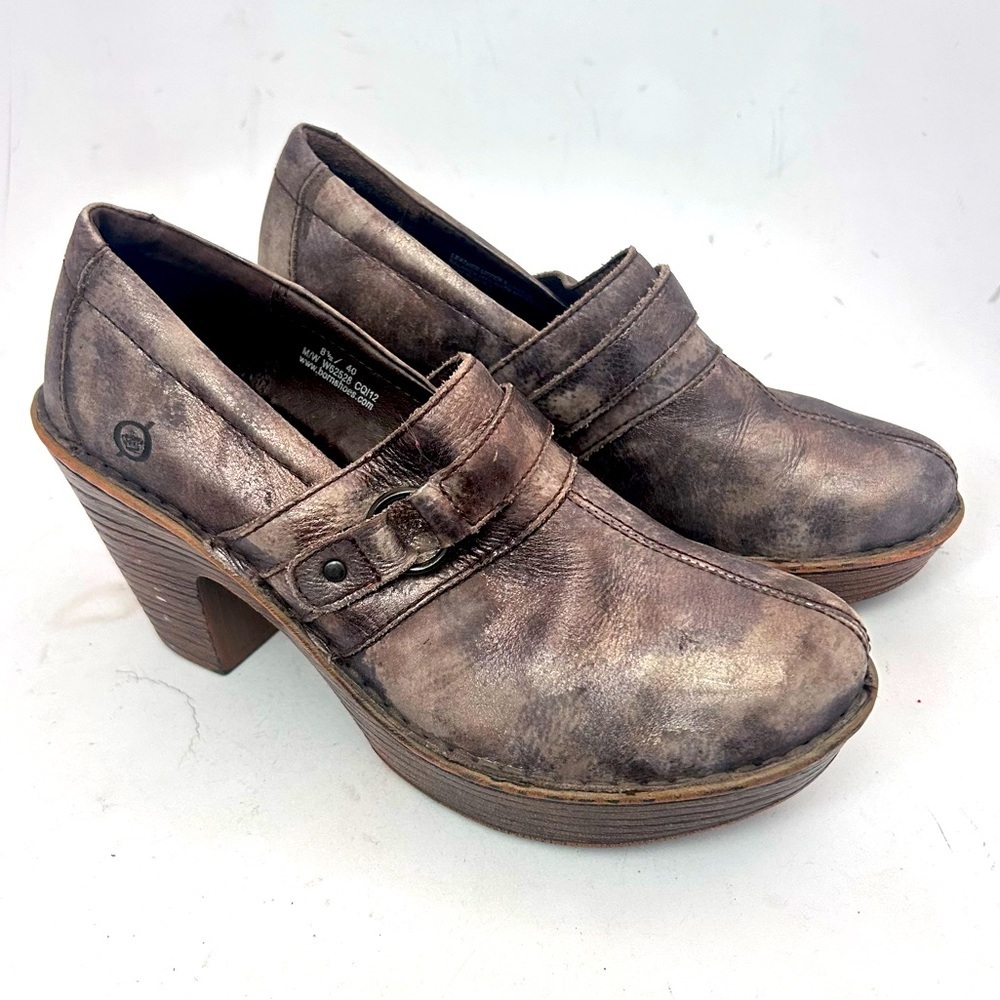 Born Burnished Bronze Leather Platform Heeled Clog Shoes Size 8.5 Fairy Grunge